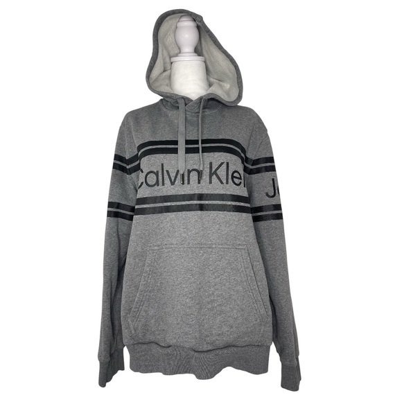 Calvin Klein Jeans Men's Charcoal Pullover Hoodie Stripes Streetwear Lg - Picture 1 of 13